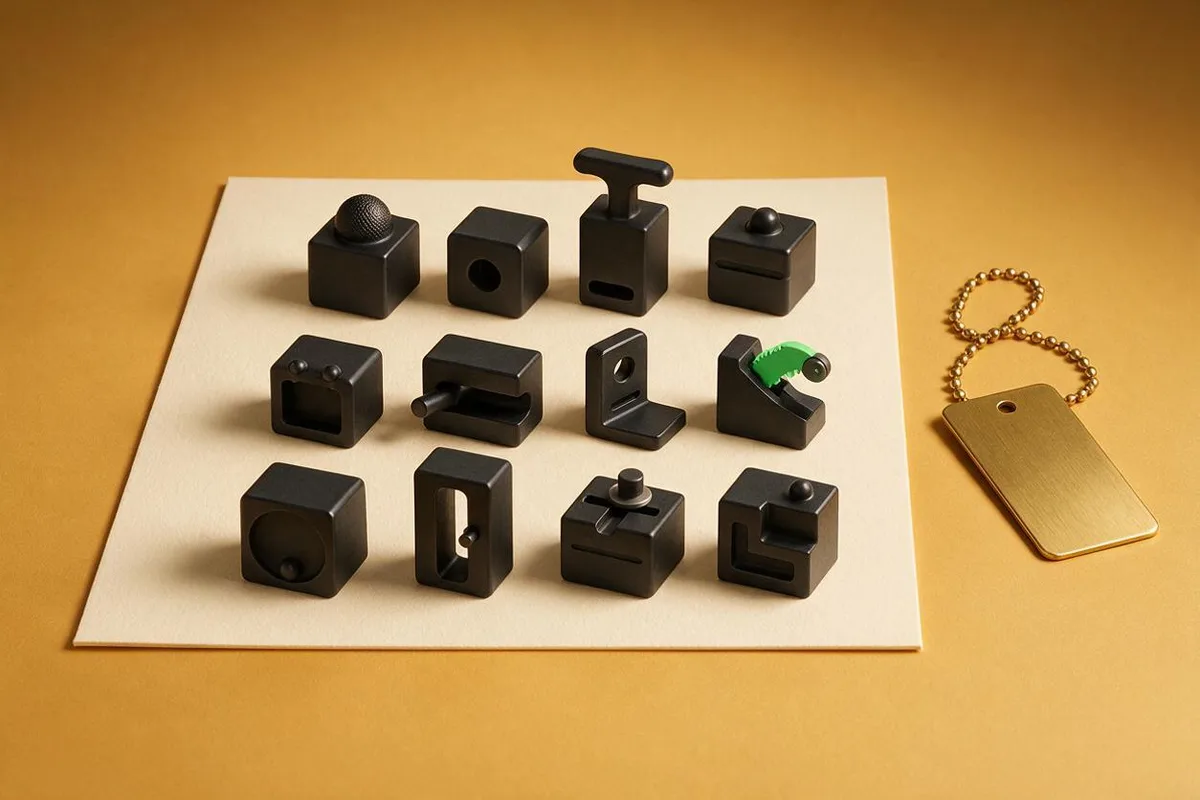 Illustration for "The $0 stack: 12 free tools for solopreneurs in 2026": Twelve small matte-black tool modules arranged in a neat grid on a cream card, a brass price tag lying beside them showing nothing.