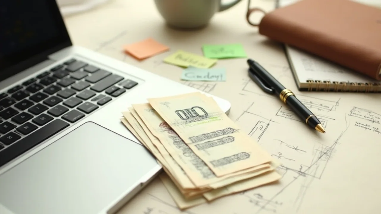 Stack of $100 in twenties on a desk next to a laptop showing tool subscriptions, total handwritten beside