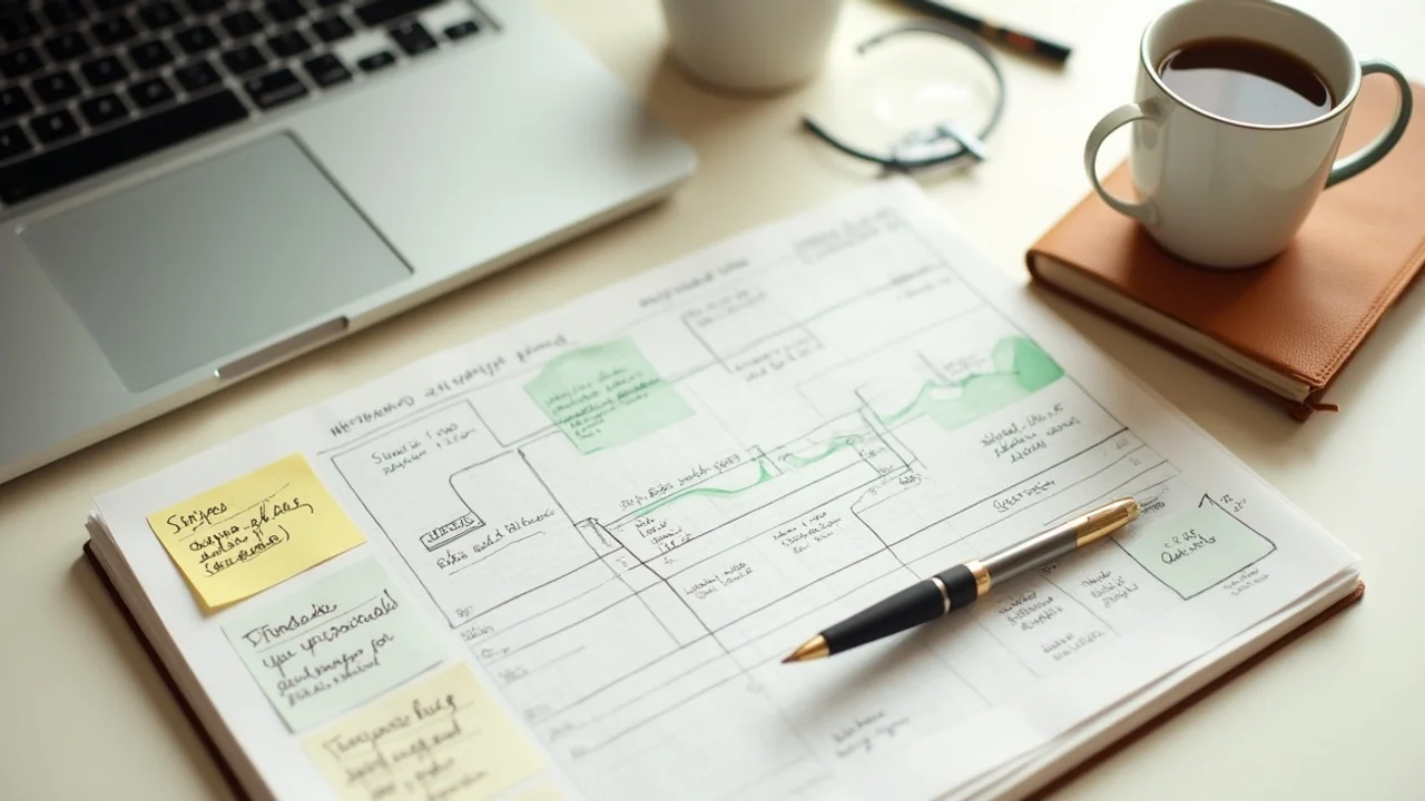 Stripe dashboard showing $5K MRR on laptop, side hustle notebook beside
