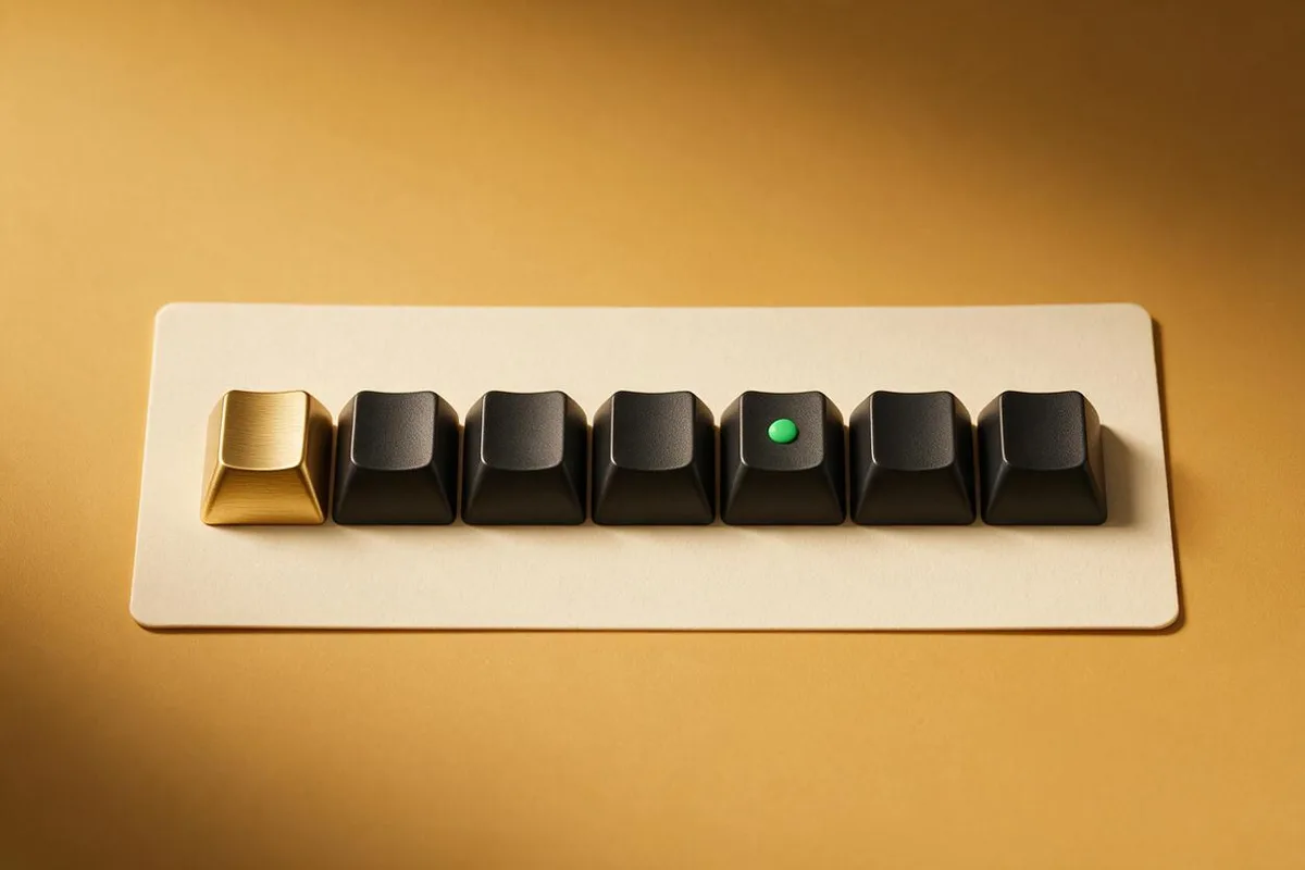 Illustration for "The 7 Claude skills every solo founder ships first": Seven matte-black keycaps laid in a row on a cream card, the first one in brushed brass.