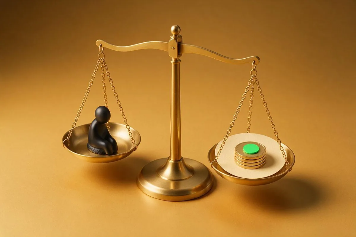 Illustration for "Acquisition Cost Per Customer Formula: The Real Math": A brass balance scale with a single small matte-black figurine on one pan and a short stack of coins on the other.