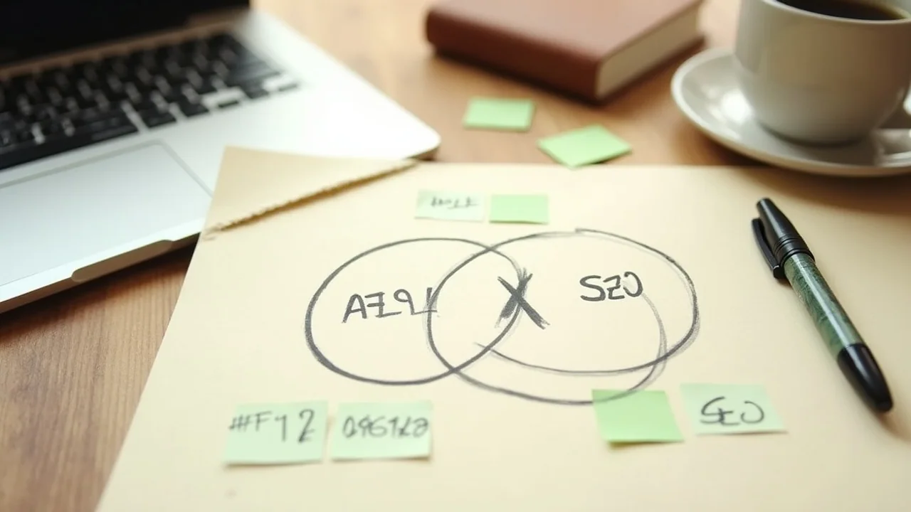 Three Venn-diagram circles labeled AEO / GEO / SEO drawn on cream paper, intersection highlighted, marker pen
