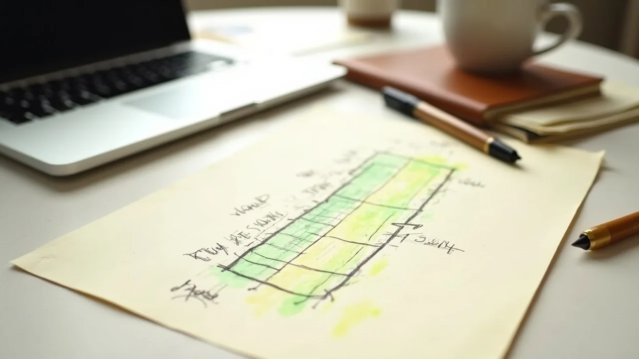 Hand-drawn revenue ladder $0→$10K→$50K on cream paper, fountain pen
