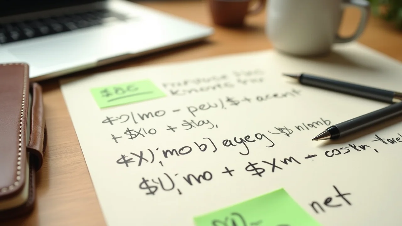 Pricing tiers and revenue math sketched on cream paper — '$X/mo + agent costs = $Y net' formula