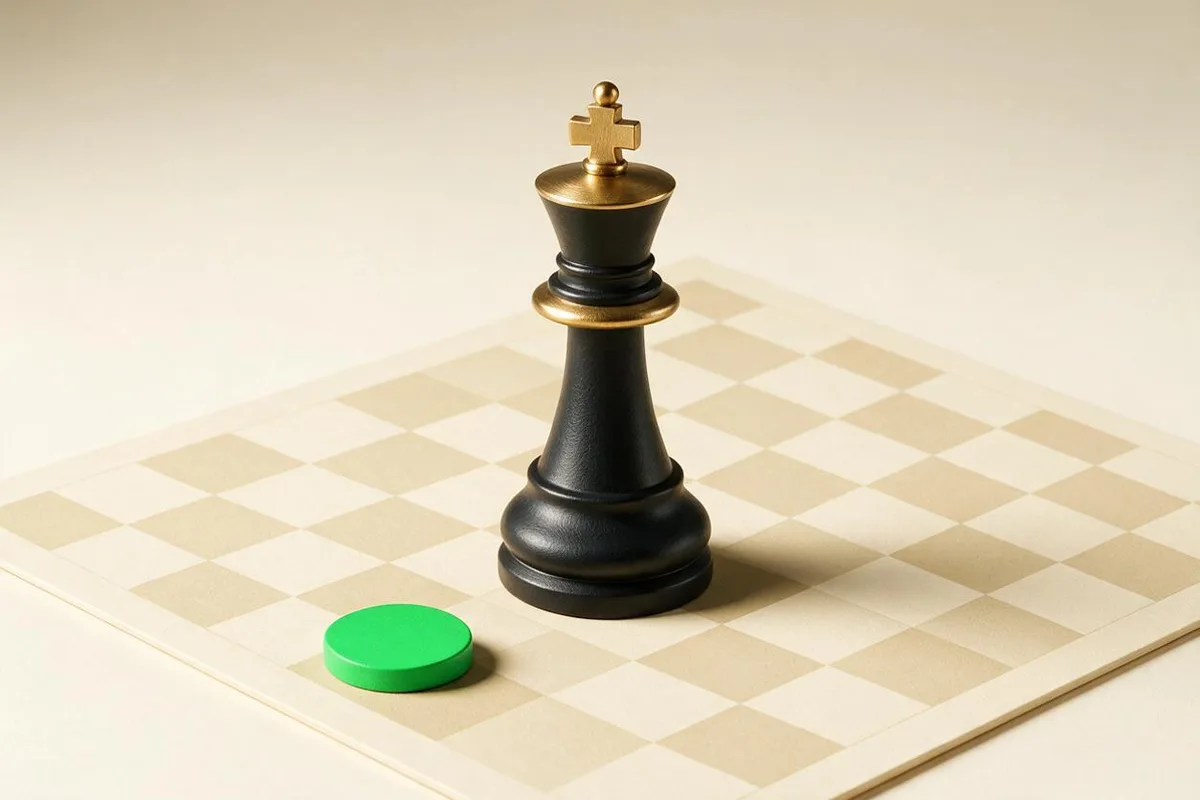Illustration for "AI SEO playbook 2026: a founder's guide": A matte-black chess king with a brass crown standing on a cream grid.