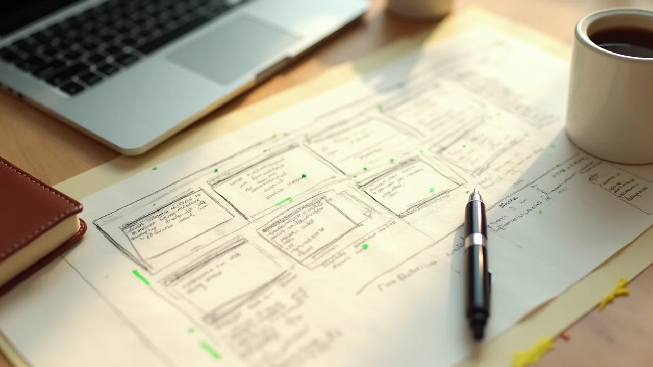 Multiple video frames sketched on storyboard cream paper, laptop showing tool