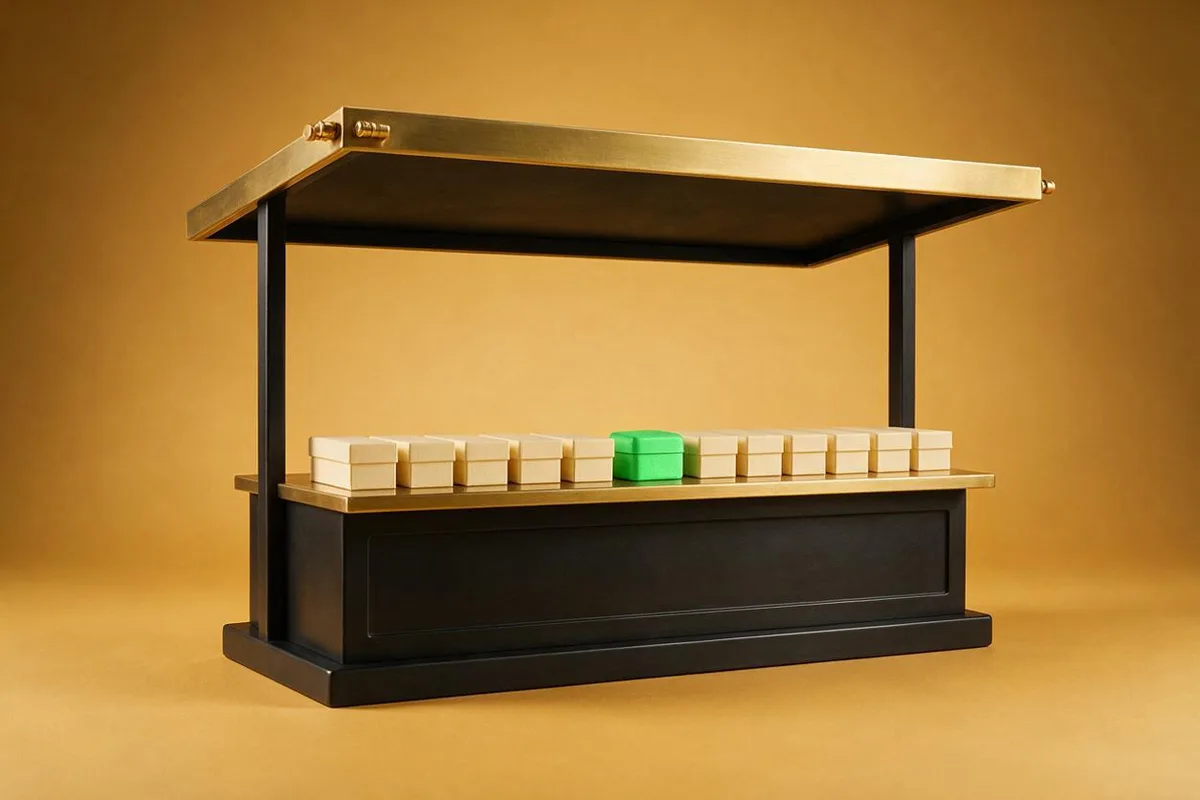 Illustration for "Anthropic Skills Marketplace launch 2026: what $500K founders gain": A matte-black market stall with a brass awning, tiny cream boxes lined on its counter.