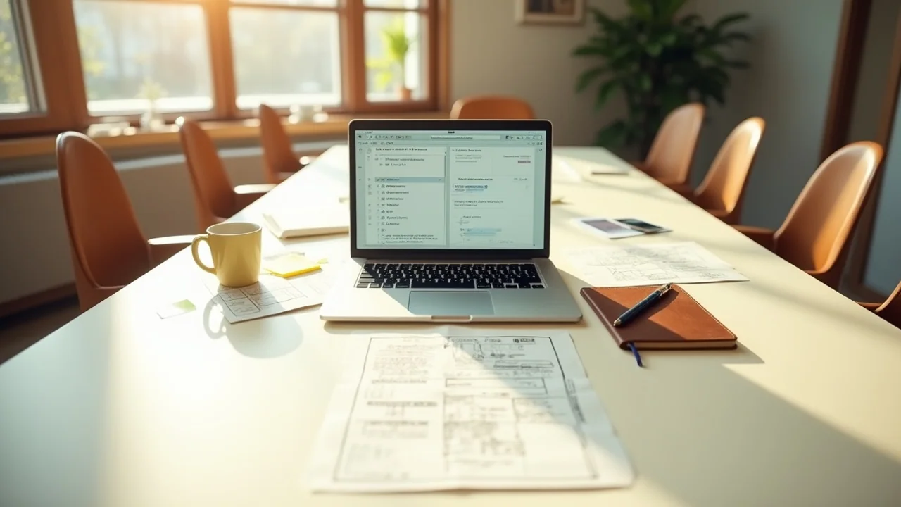Office desk with empty chairs, a single laptop running multiple agent windows, handwritten note 'replaced 5 hires'