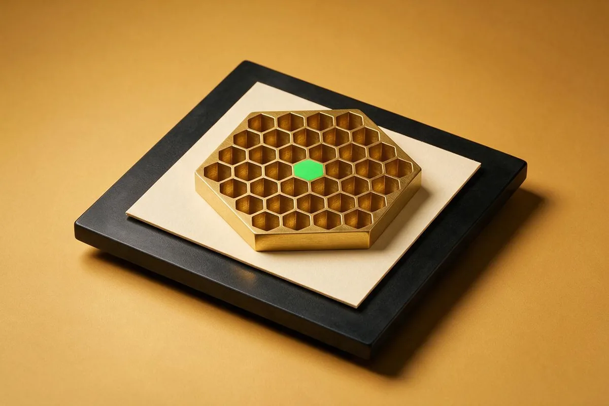 Illustration for "Beehiiv 2026 review: 18 months in, honest verdict": A brass honeycomb tile with one cell filled green, resting on a matte-black slab.