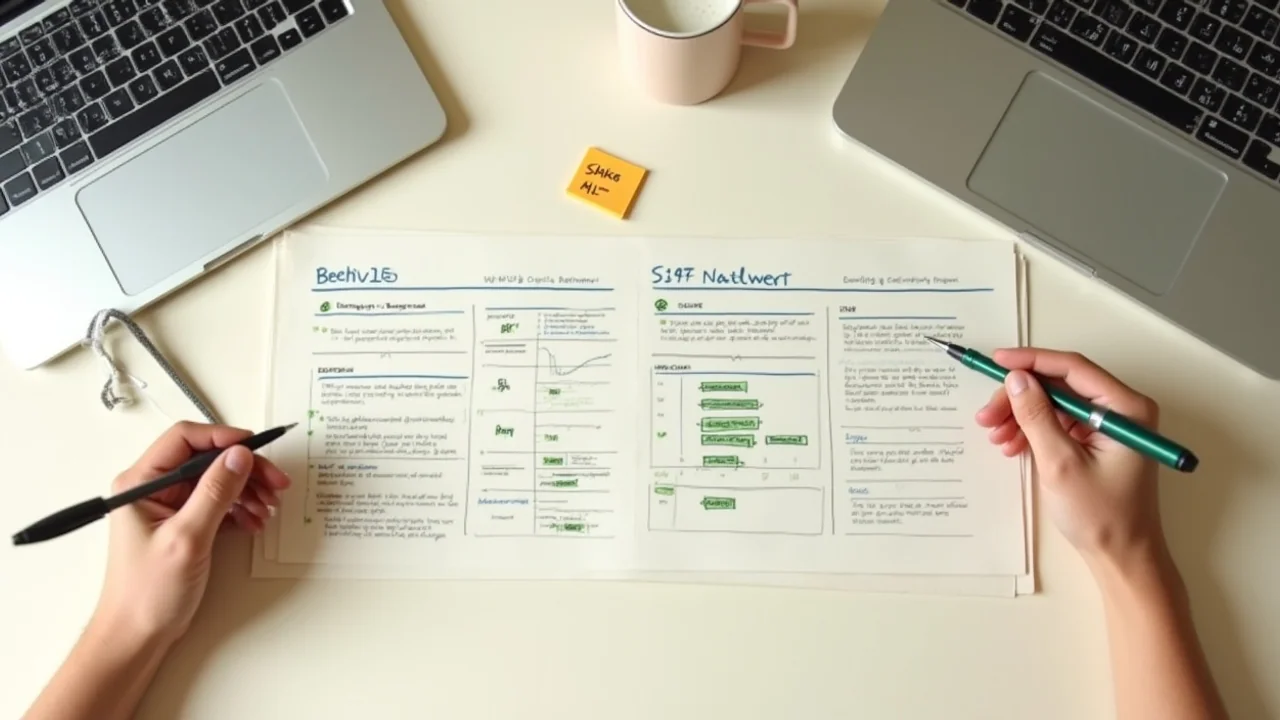 Two laptops side-by-side showing Beehiiv vs ConvertKit dashboards with comparison table on cream paper between them