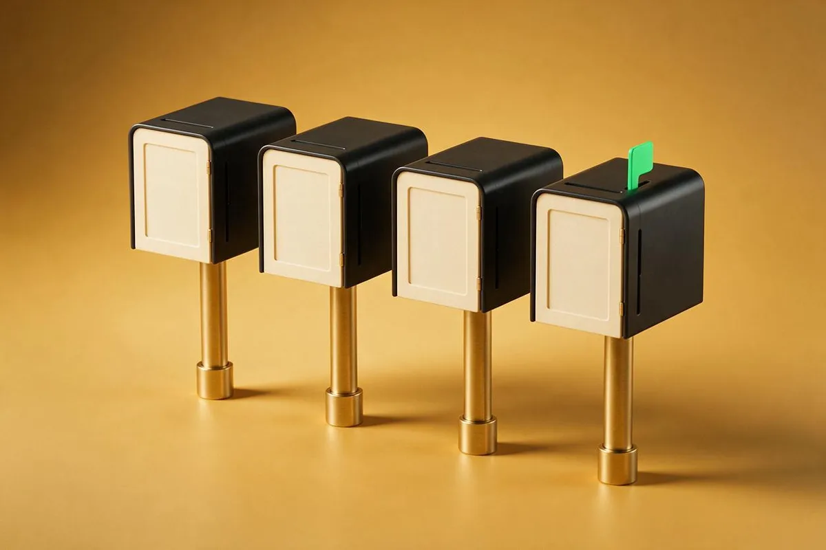 Illustration for "Beehiiv vs Substack vs ConvertKit vs Kit: 2026 deep verdict": Four matte-black mailboxes in a row on brass posts, one flag raised in green.