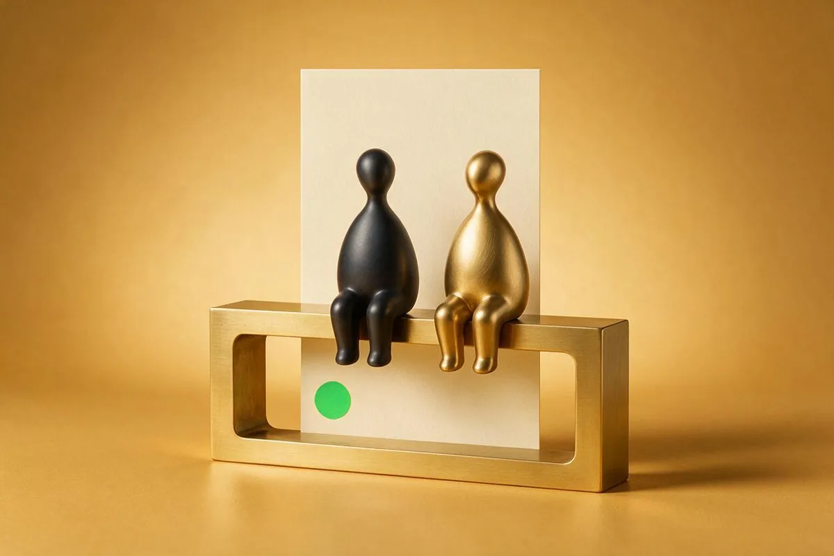 Illustration for "Before → After transformation map: the ICP section every founder skips": A matte-black figurine on the left of a brass bridge and its brushed-brass twin on the right.