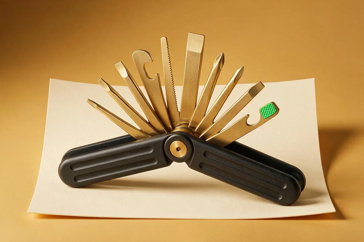 Illustration for "10 best AI tools for solopreneurs in 2026": A matte-black multitool opened fan-wise with ten brass blades.