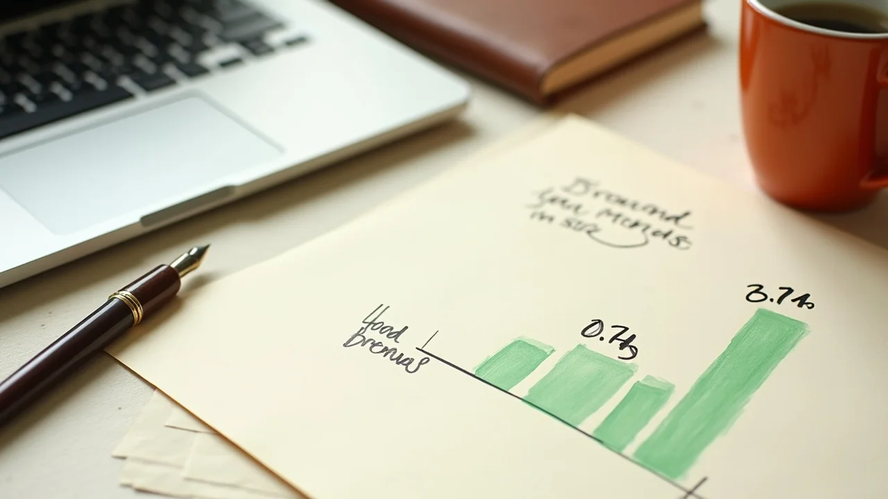 Bar comparison of brand mentions 0.74 versus backlinks 0.27 correlation drawn on cream paper
