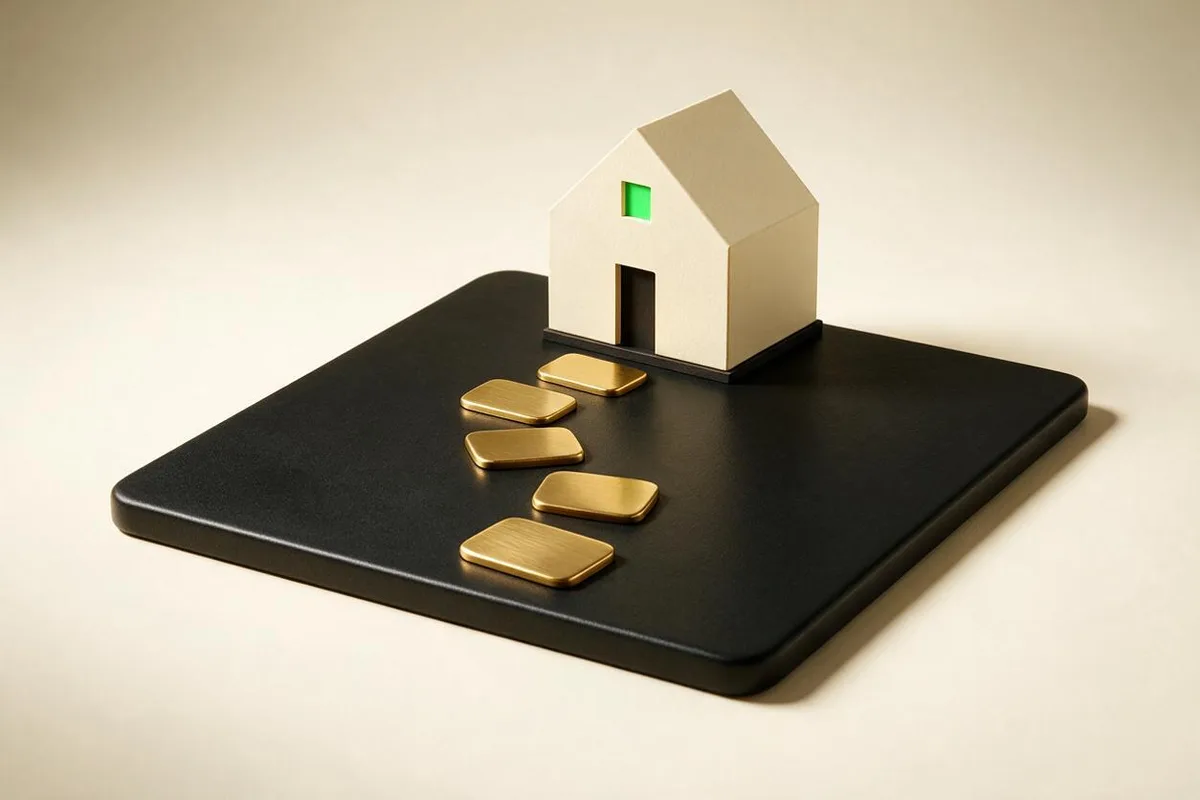 Illustration for "$500K solo founder case study: the 5-step pattern": Five brass stepping stones crossing a matte-black surface toward a small cream house.