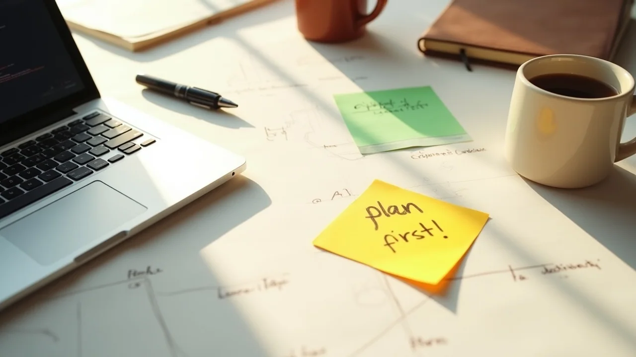 Claude Code terminal showing plan output, handwritten 'plan first' on sticky note