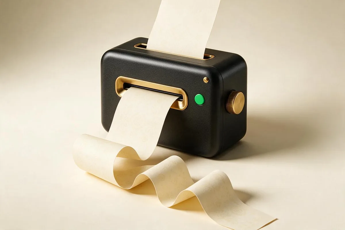 Illustration for "Claude Code SEO at scale: the $100/mo factory": A matte-black printing press the size of a toaster feeding a long cream ribbon of pages.