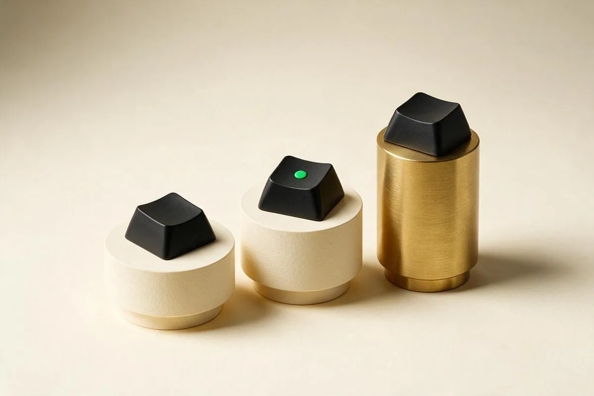 Illustration for "Claude Code vs Cursor vs Windsurf: the honest 2026 verdict": Three matte-black keycaps on a podium of three heights, the tallest in brass.