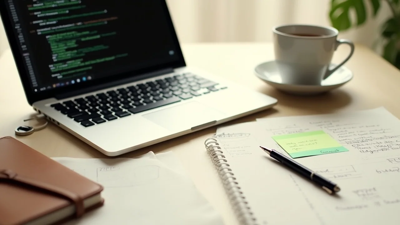 Claude Code terminal session on a laptop with handwritten daily workflow notebook beside it