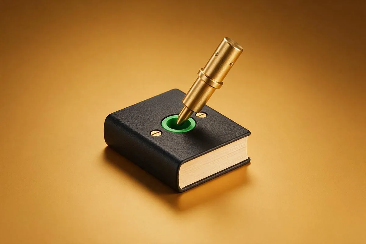 Illustration for "How to build a custom Claude plugin (the .plugin format explained)": A brass plug fitting into a matte-black socket block shaped like a small book.