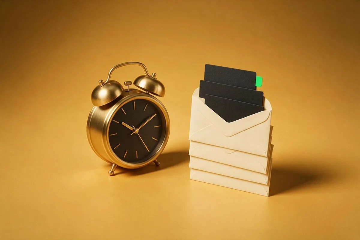 Illustration for "I built a 3-line Claude skill that responds to every email by 7am": A brass alarm clock beside a stack of cream envelopes, each with a small matte-black reply card tucked in.