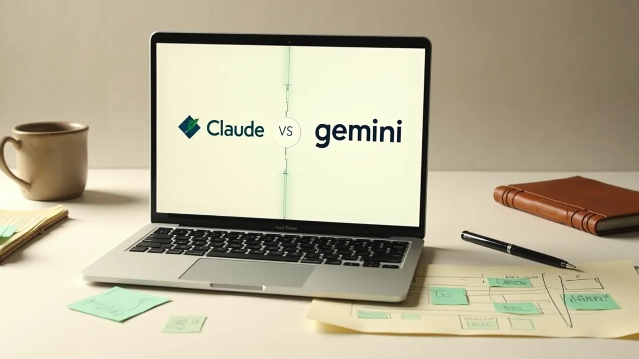 Claude logo vs Gemini logo split-screen on a laptop with a comparison matrix sketched on cream paper beside