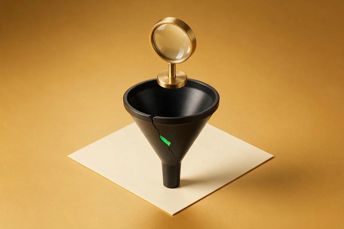 Illustration for "Conversion Rate Optimization Audit": A brass magnifying glass over a matte-black funnel with a crack marked in green.