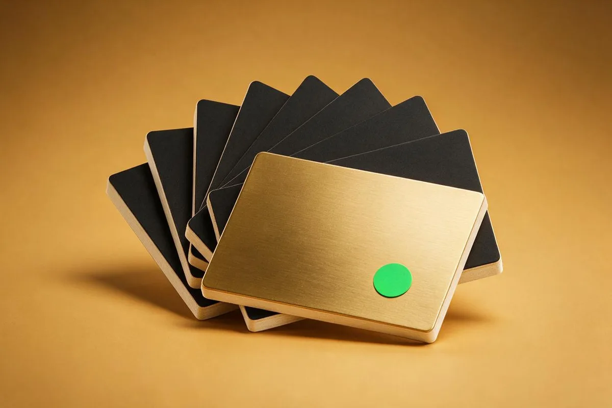 Illustration for "Creative Testing Services: What They Actually Do": Seven cream ad cards fanned like a poker hand, one turned face up in brushed brass.