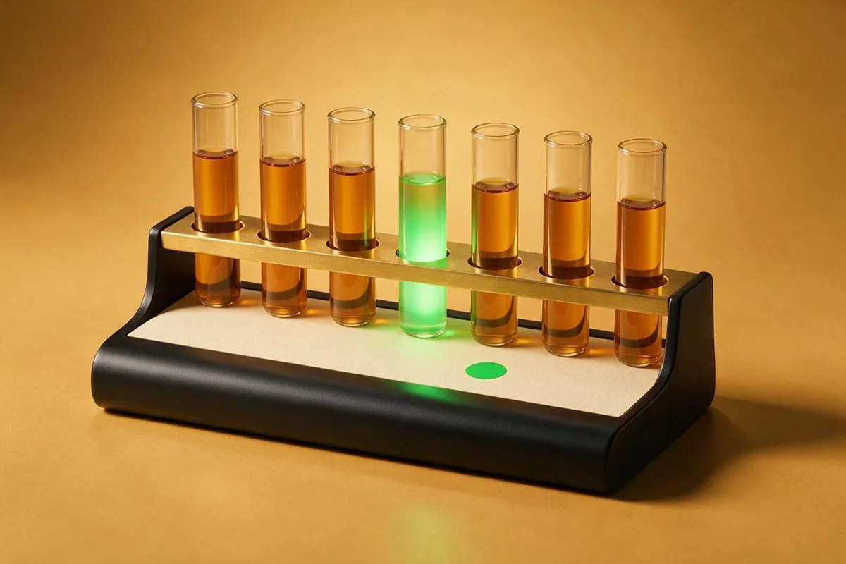 Illustration for "Creative Testing Solutions That Actually Win in 2026": A rack of seven glass vials with amber liquid on a matte-black stand, one vial lit green.