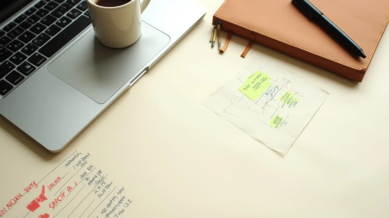 Cursor IDE on laptop, handwritten setup notes beside, fountain pen