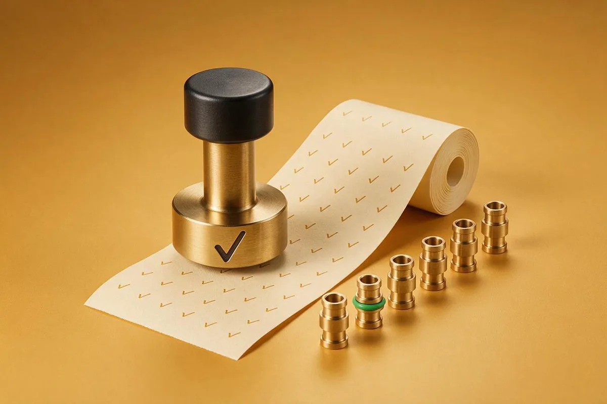 Illustration for "Field notes: what we shipped from May to September 2026": A brass stamp pressing down on a long cream receipt roll covered in tiny stamped checkmarks, a row of small finished machine parts beside it.