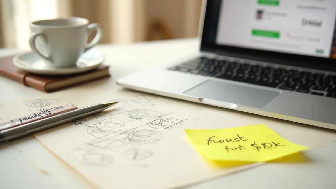 First Stripe payment notification on a laptop screen with a yellow sticky note reading 'first $1K' beside it