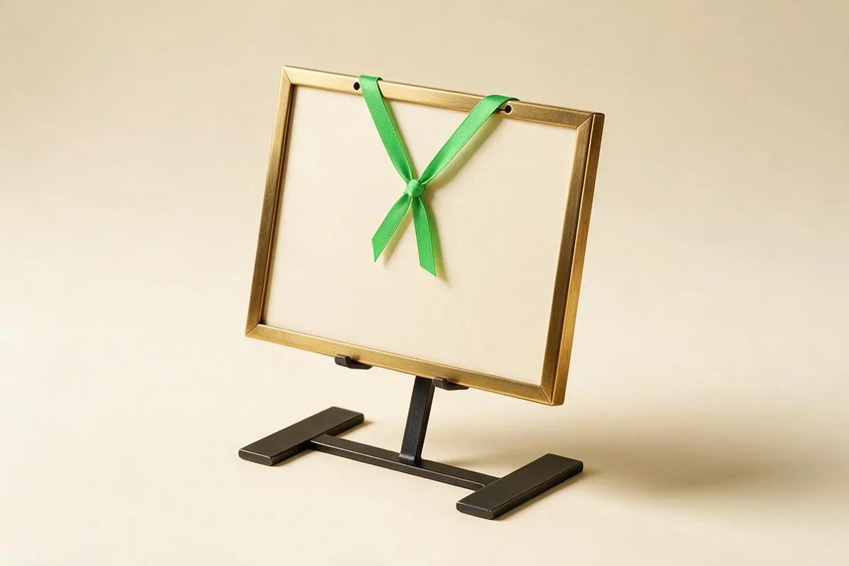 Illustration for "GEO 2026: how to get cited by ChatGPT and Perplexity": A cream card held in a brass frame with a green ribbon, displayed on a matte-black easel.