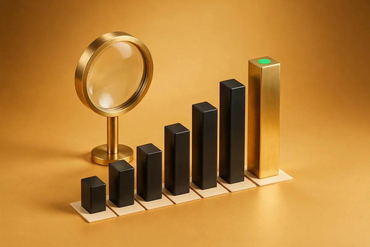 Illustration for "Google Ads ROAS Benchmark: Real 2026 Numbers and Fixes": A brass magnifying glass standing over a rising row of matte-black bars, the tallest bar in brass.