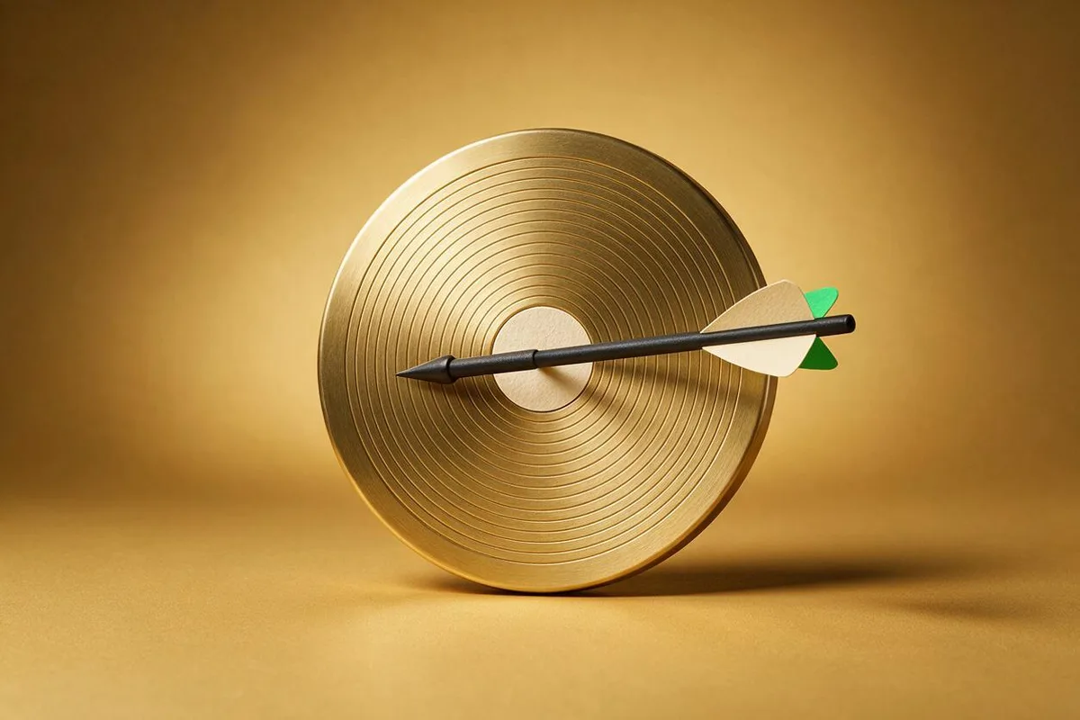 Illustration for "Hormozi's GOOD framework applied: the 30-point ICP validation test": A brass archery target with thirty tiny rings, a single matte-black arrow in the centre.