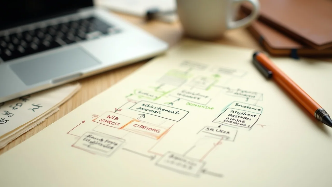 Diagram of citation flow from web sources through an AI engine to a user, sketched on cream paper