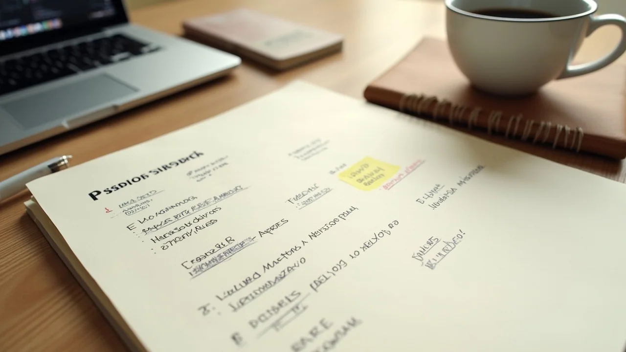 Perplexity research interface on a laptop, handwritten notebook beside listing a 5-step research workflow