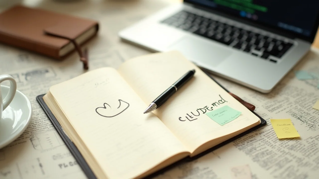 Open notebook with handwritten CLAUDE.md outline, fountain pen mid-stroke, laptop showing terminal with claude command