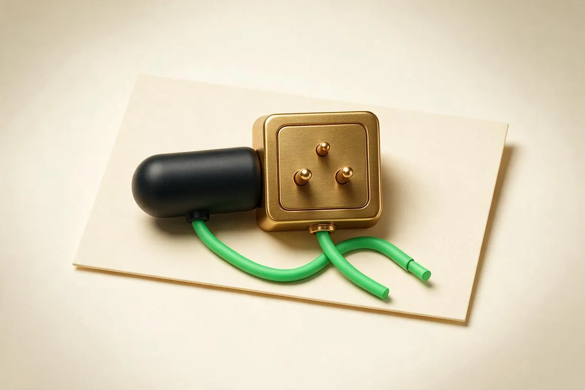 Illustration for "How to write your first MCP server (no engineering background)": A matte-black plug and a brass socket on a cream card connected by a short green cable.