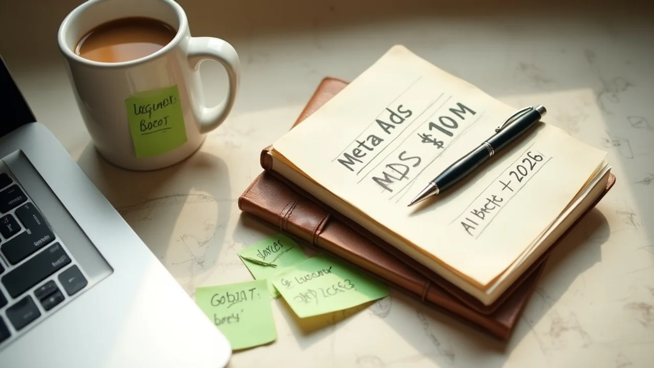 Stacked notebooks: 'Meta Ads $10M' on top with handwritten lessons, 'AI bet 2026' notebook below — coffee mug, photo from above