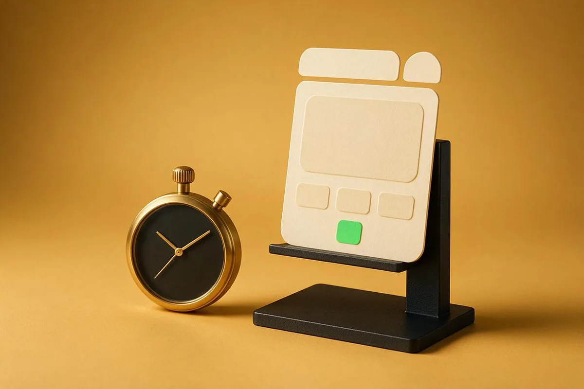 Illustration for "From idea to landing page in 90 minutes: the AI-first workflow": A brass stopwatch beside a cream landing-page-shaped card standing on a matte-black easel.