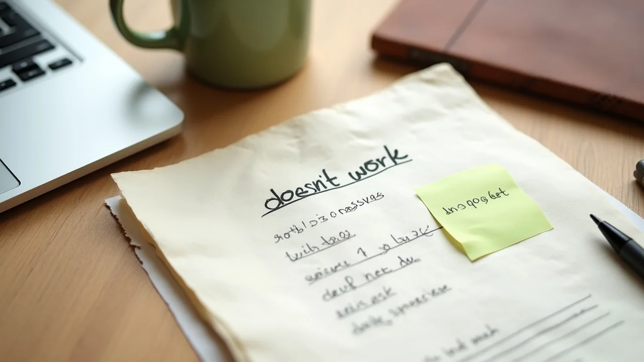 Crumpled llms.txt printout next to coffee mug — handwritten note 'doesn't work' across the top, real data sheet beneath