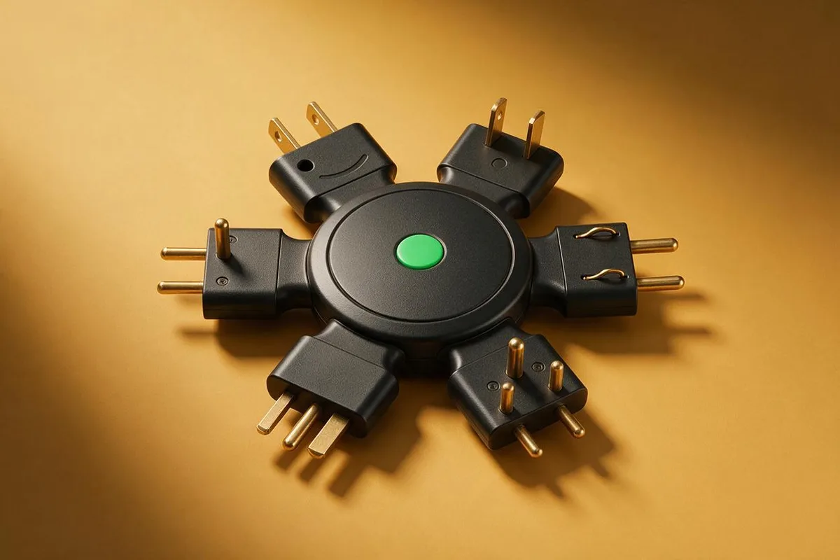Illustration for "What is MCP? Explained for $500K founders": A brass universal adapter with six different plugs radiating from a matte-black core.