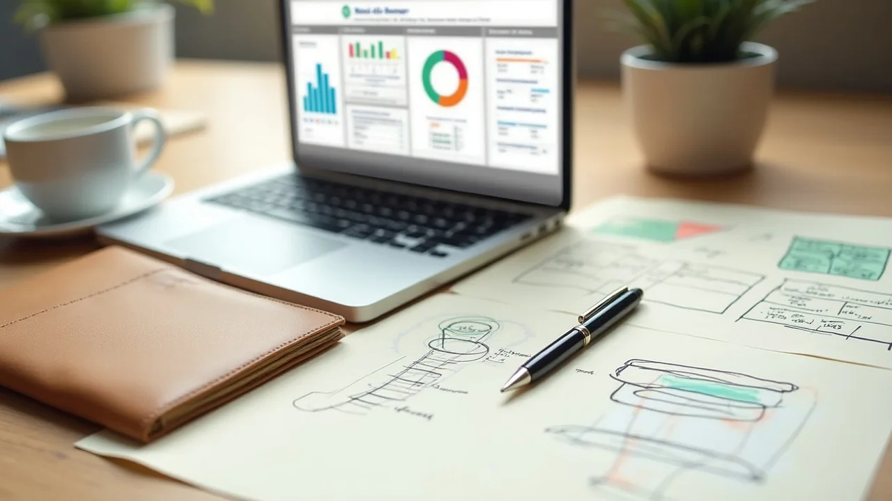 Laptop showing Meta Ads Manager dashboard, handwritten 3-stage acquisition funnel sketch on cream paper beside it, fountain pen mid-stroke, coffee mug