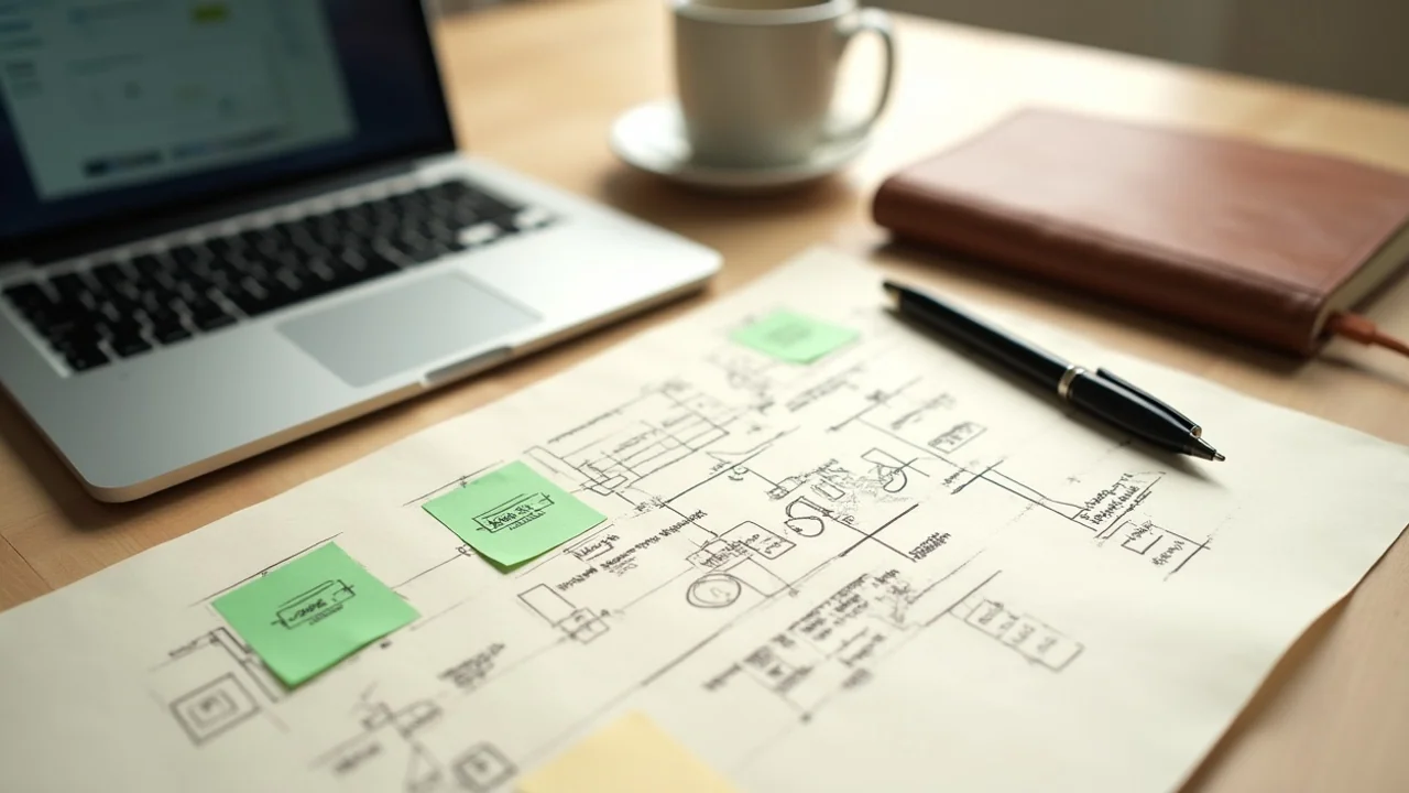 n8n workflow canvas on laptop screen, sketched automation diagram on cream paper