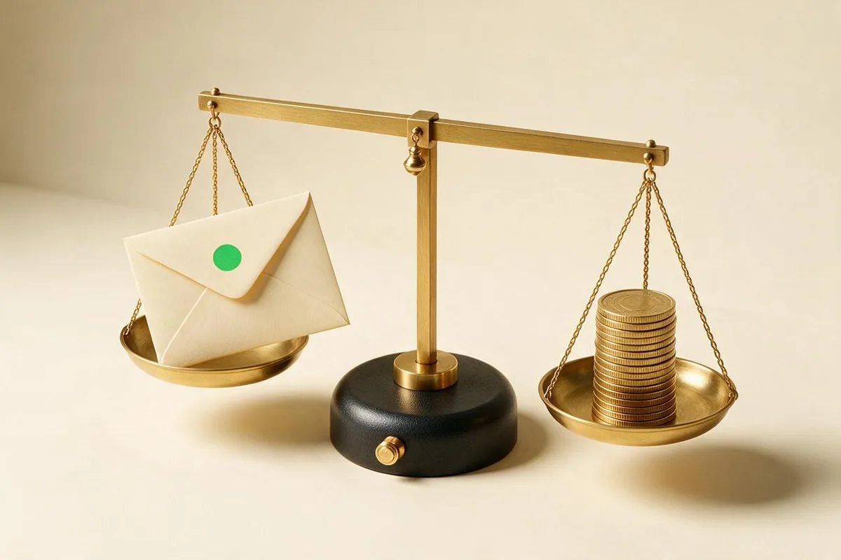 Illustration for "Newsletter sponsorship economics: $500-$5,000 per send breakdown": A cream envelope on a brass balance scale opposite a tall stack of coins.