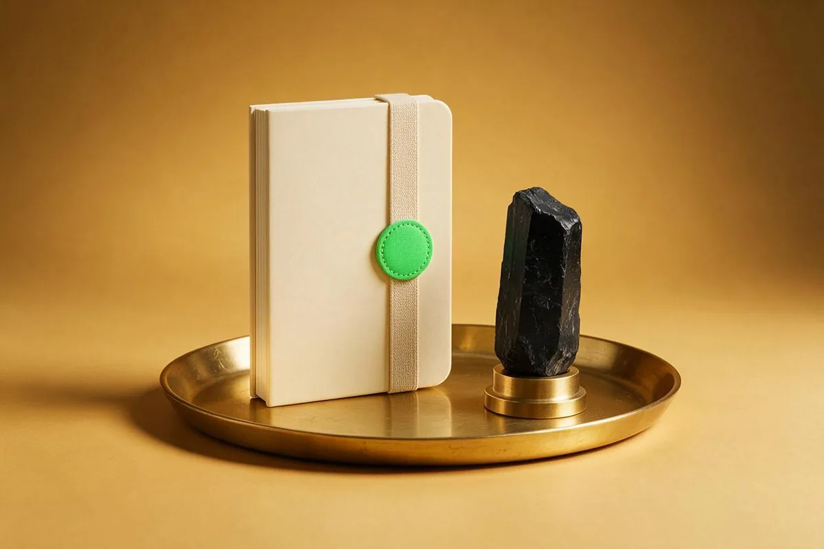 Illustration for "Notion vs Obsidian: which knowledge stack wins for AI builders in 2026?": A cream notebook and a matte-black crystal shard side by side on a brass tray.