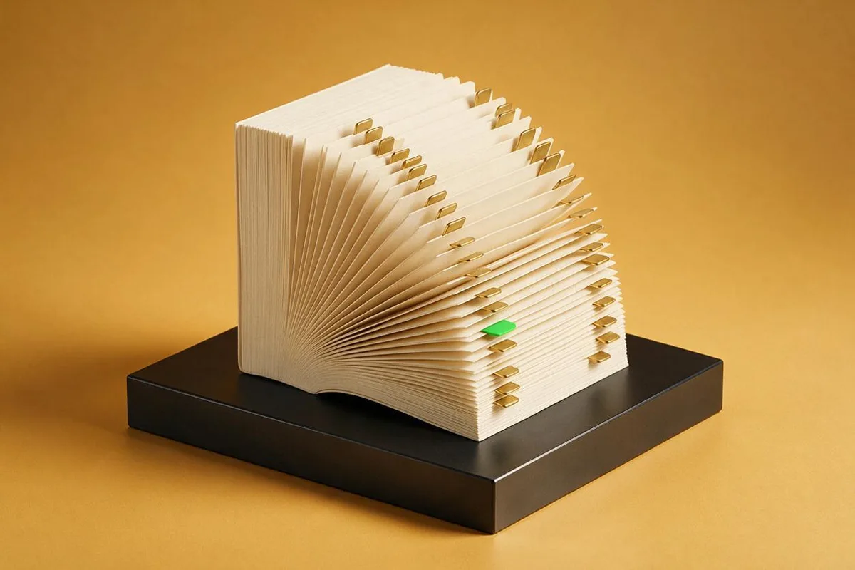 Illustration for "How to build a 50-objection encyclopedia for your niche (and close 38%)": A thick cream book standing half-open like a fan, fifty brushed-brass index tabs along its edge, one tab in green, on a matte-bl