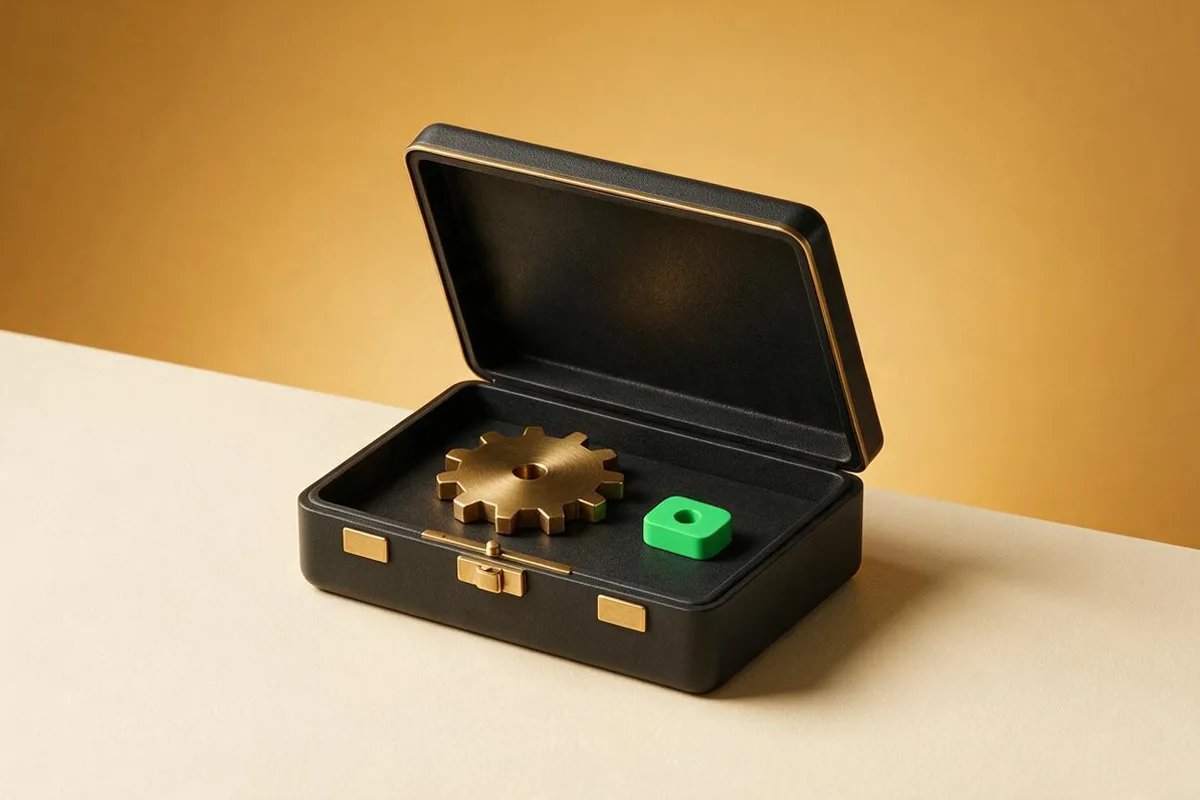 Illustration for "Paid Social Agency: What They Do and How to Pick One": A matte-black briefcase open on a cream desk with a brass gear inside it.