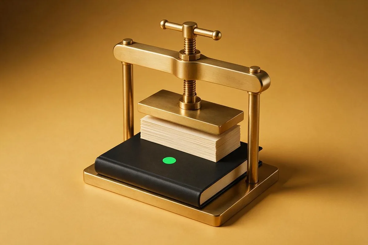 Illustration for "What is the PDF skill? Markdown to lead magnet": A stack of cream pages being pressed into a bound matte-black book under a brass press.